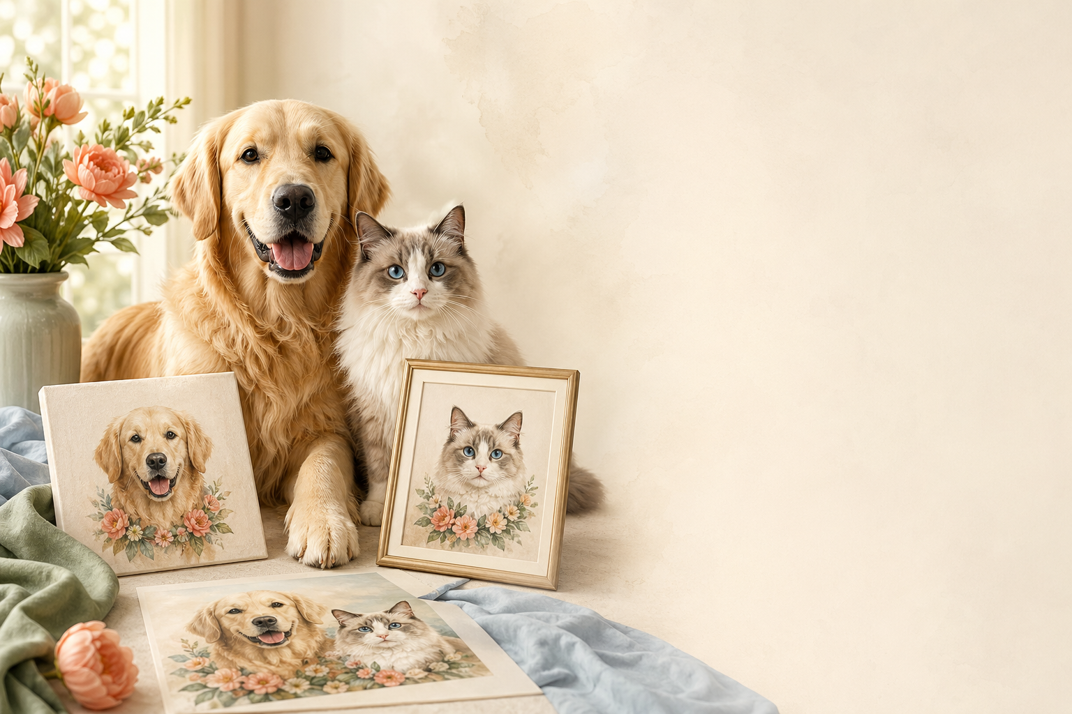 Dog and cat beside finished pet portrait prints